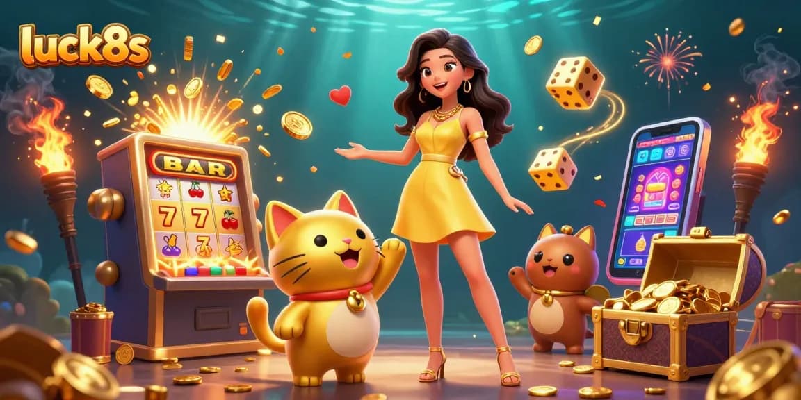 Engage with luck8s for thrilling slot action, featuring a joyful woman with a lucky cat and coins.