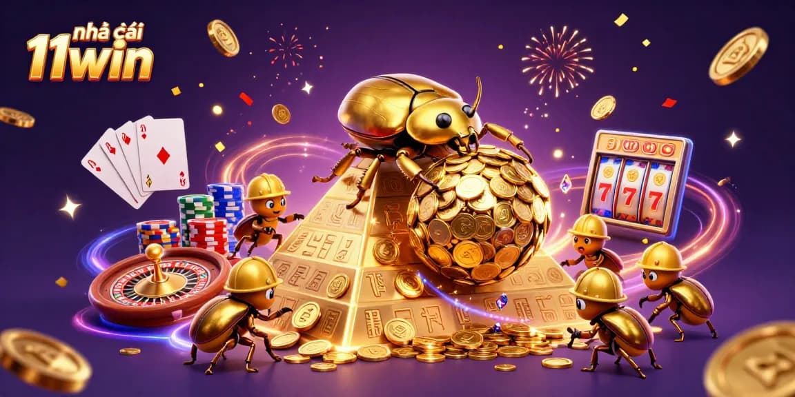 Experience the thrilling world of Nhà cái 11win as a massive golden beetle rolls coins, surrounded by casino symbols and festive effects.