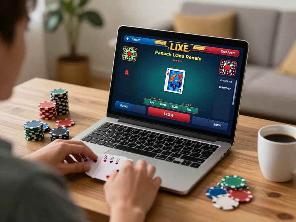 8kbet user excitedly playing live dealer blackjack online at home, showcasing strategic gameplay and cozy atmosphere