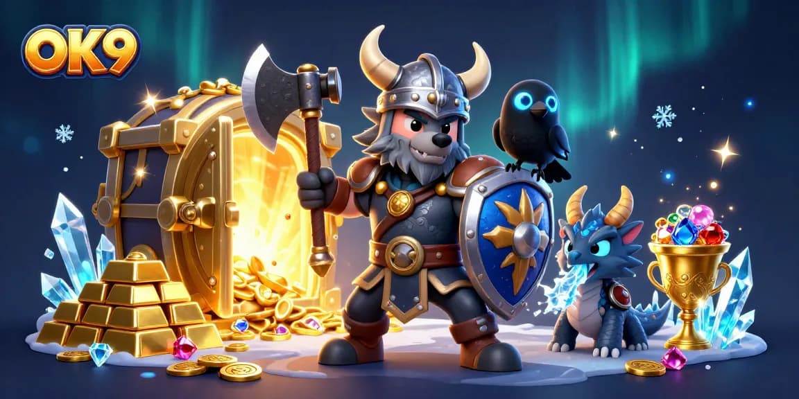 Engage with OK9’s 3D casino world featuring Viking warriors and treasure in action.