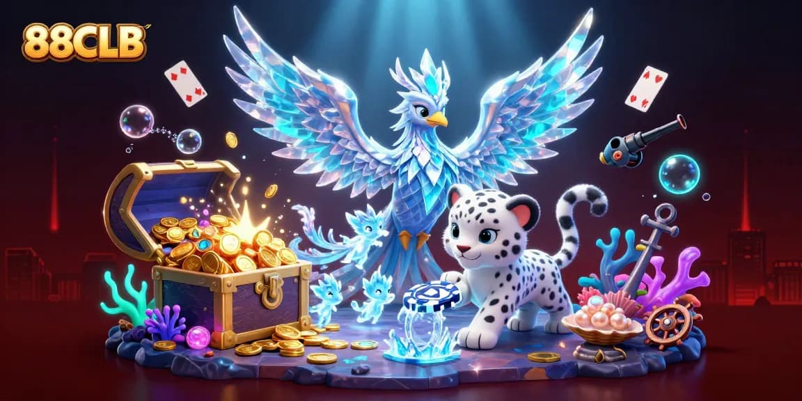88CLB showcases vibrant casino themes with ice phoenix, snow leopard, and magical sprites.