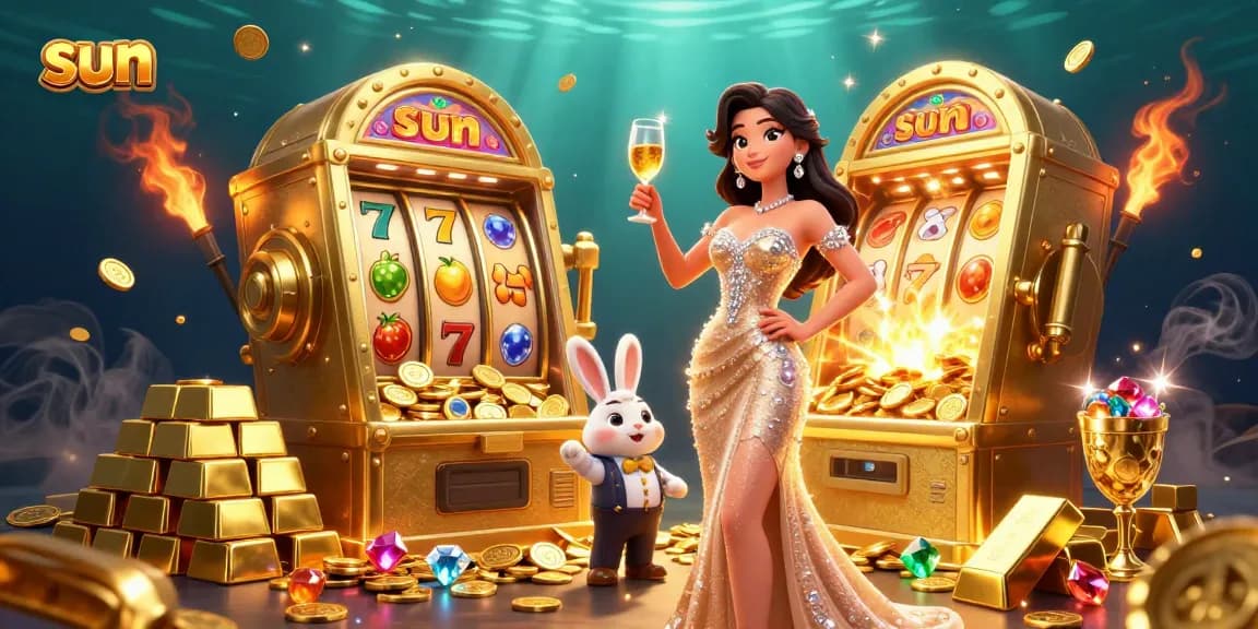 Engage in thrilling gameplay at the sun-themed casino, featuring golden jackpot slots bursting with coins.