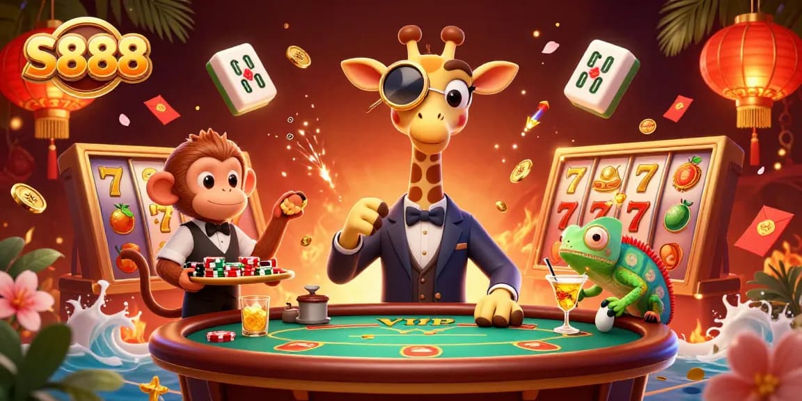 S888 captivates with a vibrant casino scene featuring a high-roller giraffe and a monkey valet amid a bustling celebration of jackpots and slot games.