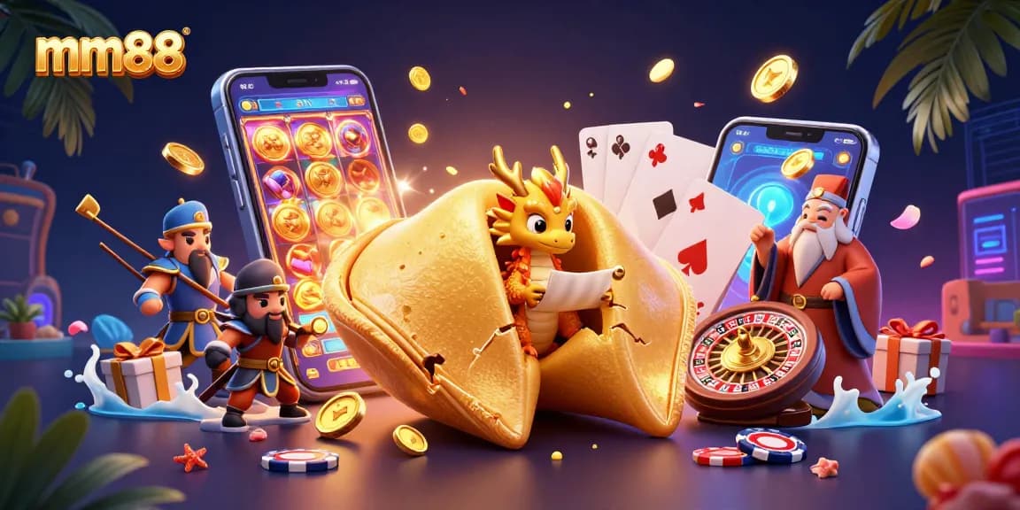 Engage with mm88 gaming action featuring a unique 3D fortune cookie scene, highlighting various casino elements.
