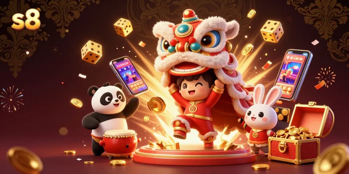 Play slots with s8 at a vibrant casino scene featuring lively characters and jackpot excitement.