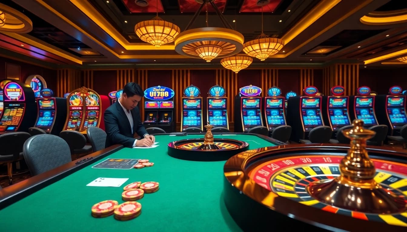 Players engaging at UU88's luxury casino table with poker cards and chips in action.