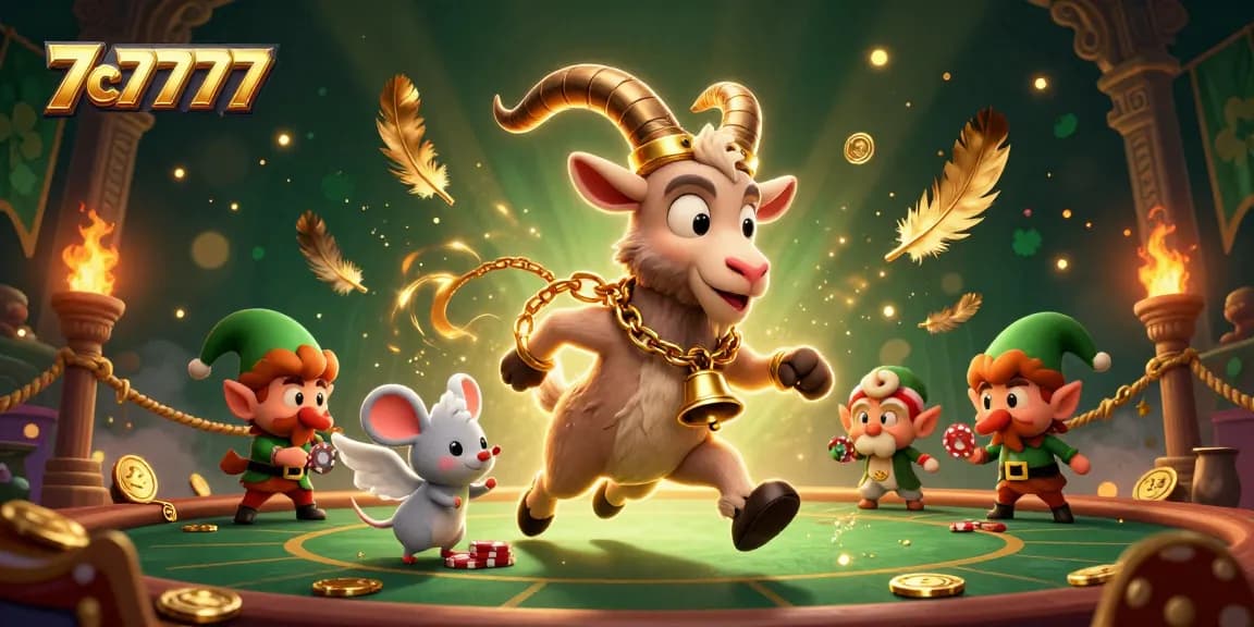 Engage in thrilling games at 7c7777 with festive Krampus and mischievous elves in a vibrant casino scene.