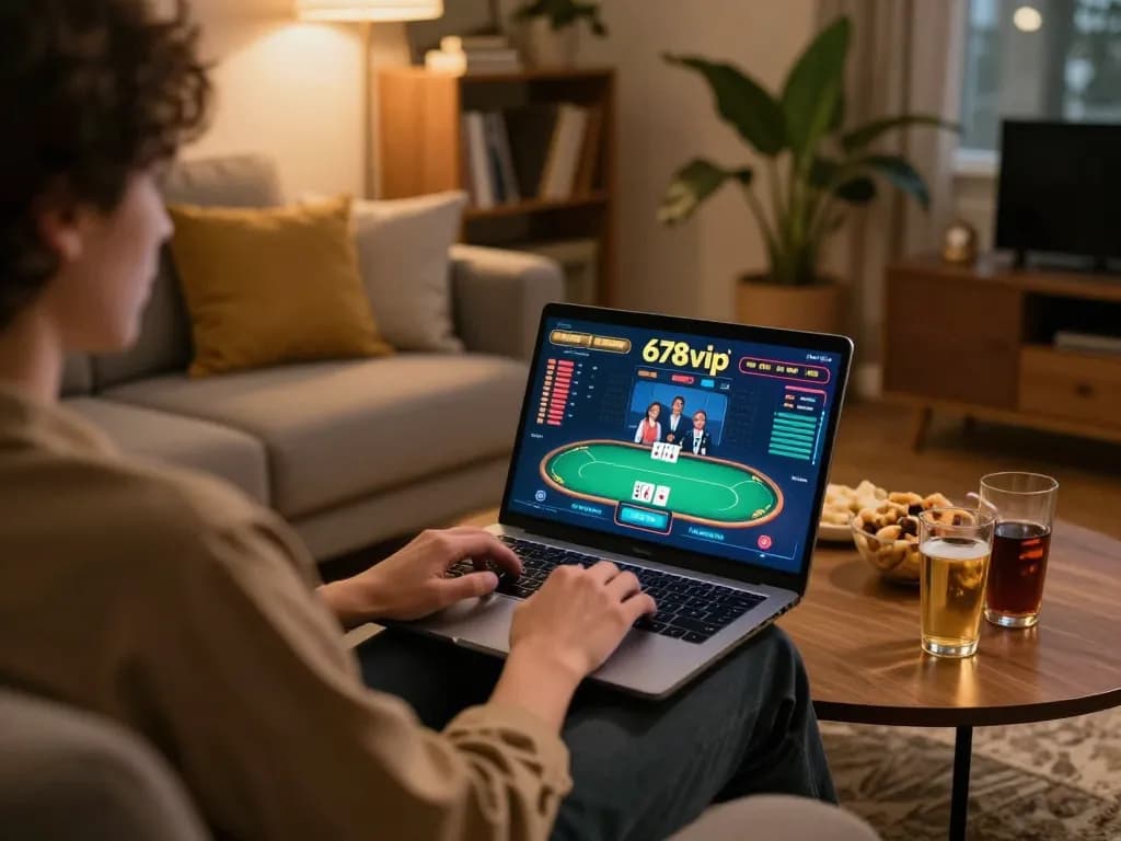 Person playing poker online at 678vip with warm atmosphere and snacks