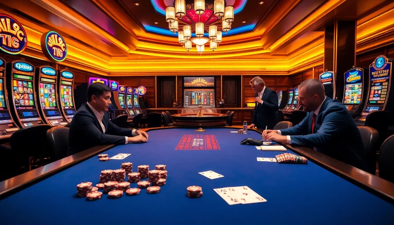 Man club players strategizing at a luxurious casino poker table surrounded by vibrant gaming machines.