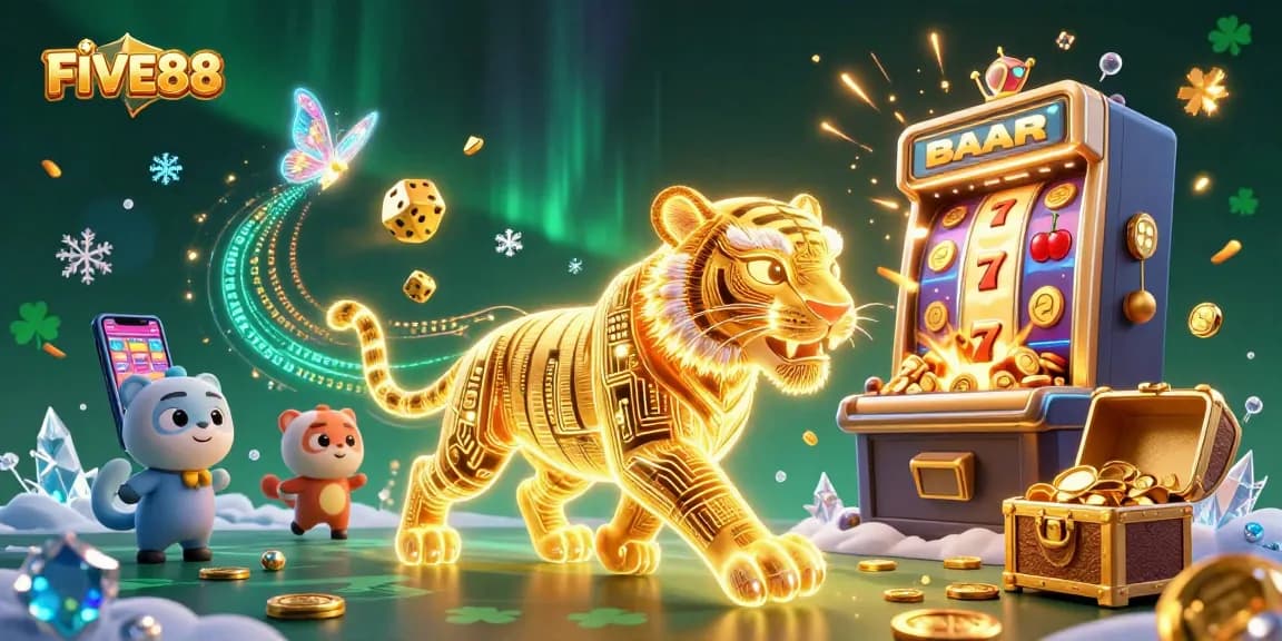 Engage with FIVE88's thrilling casino action featuring vibrant jackpots, games, and a golden tiger.