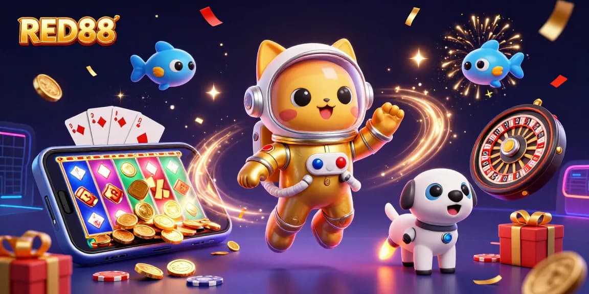 Engage in thrilling gameplay with RED88, featuring a space cat, robot dog, and dynamic casino elements.
