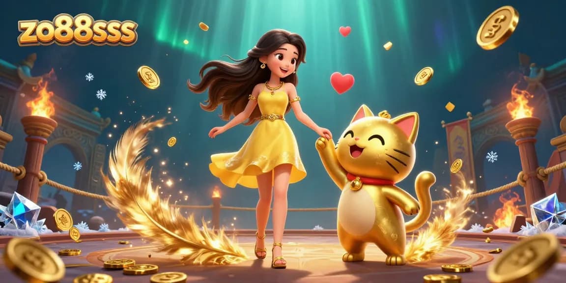 Experience the excitement of zo88sss as a woman and lucky cat celebrate with coins and confetti.
