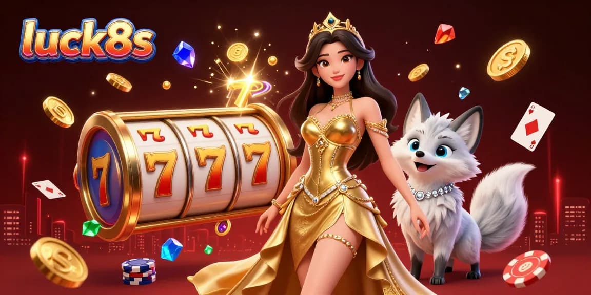 Experience thrilling casino moments with luck8s featuring a stunning woman in golden casino attire and vibrant game elements.