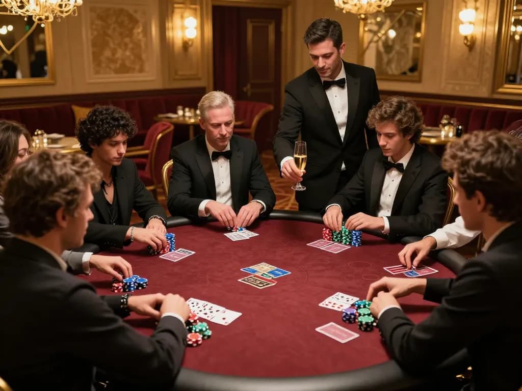 Players participating in an intense poker game at a luxurious table with fo88r stakes, showcasing cards and chips.