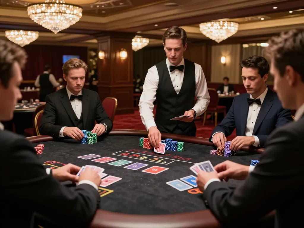 Players enjoying an intense sc88 blackjack game at an upscale casino table with vibrant chips