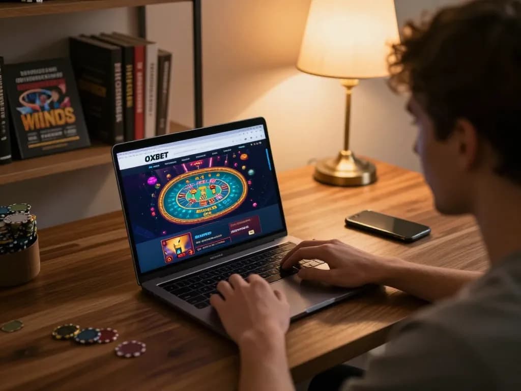 Engaging online gambling scene featuring the OXBET gaming interface on a laptop, showcasing a cozy home environment.