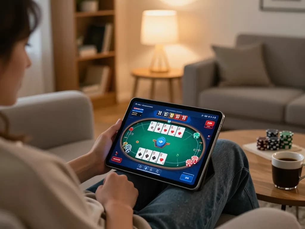 Hitclub user engaging in an online poker game from home, showcasing interactive gaming experience