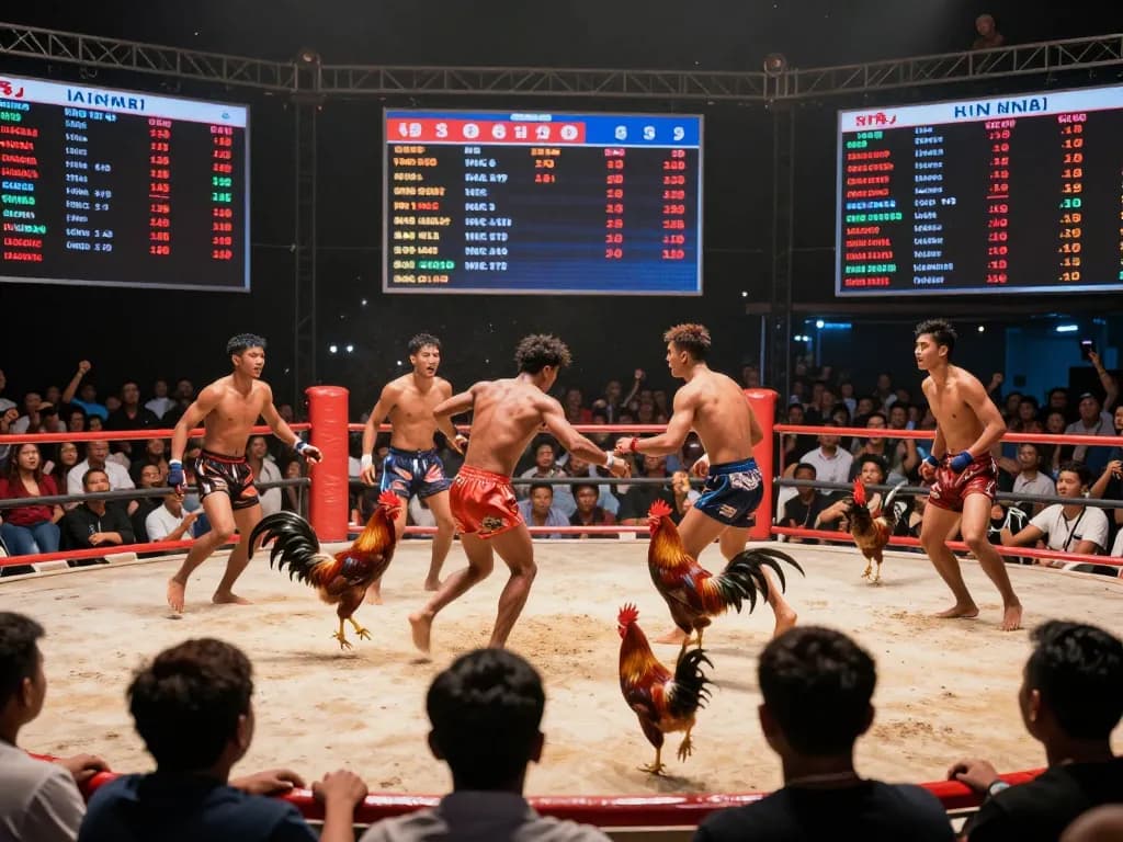 Exciting đá gà 98win battle in action with vibrant atmosphere and engaged spectators cheering