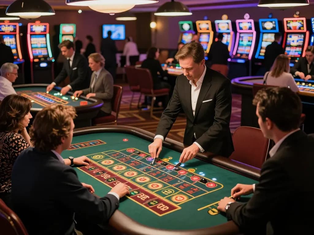Dynamic roulette scene at hit-club casino with players placing bets and croupiers managing games.