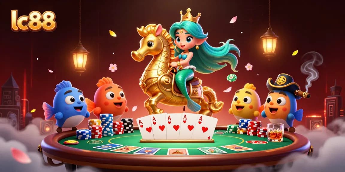 Play poker at lc88 with a vibrant 3D mermaid scene featuring colorful characters and luxurious casino elements.
