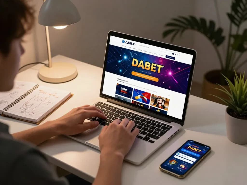 DABET online gambling setup with vibrant casino website interface on laptop screen.