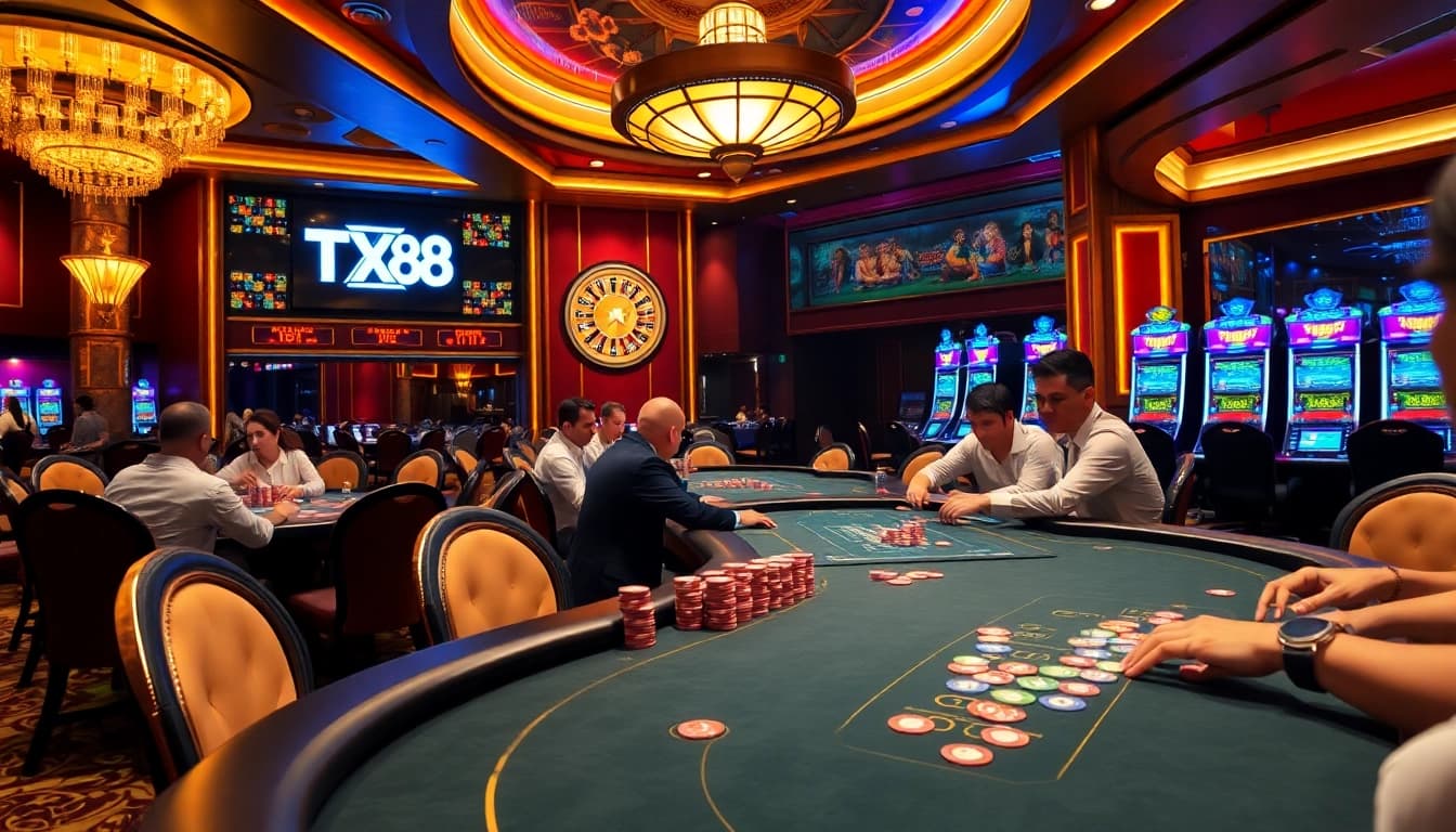 TX88 poker players engage in high-stakes action at a vibrant casino table.