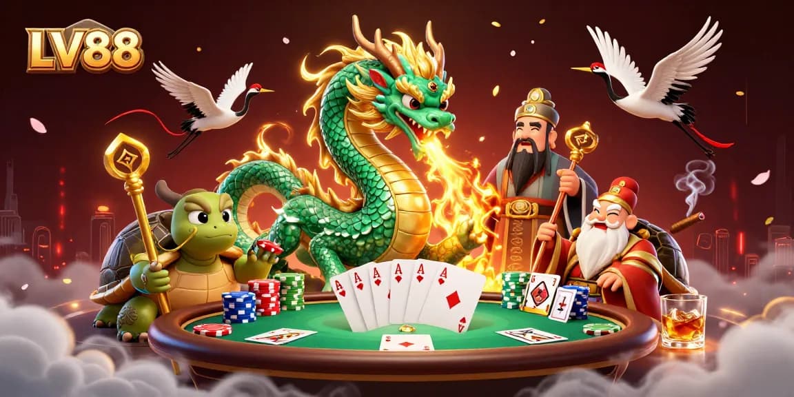 Engage in thrilling casino action at LV88 with a vibrant 3D scene featuring dynamic game elements and magical characters.