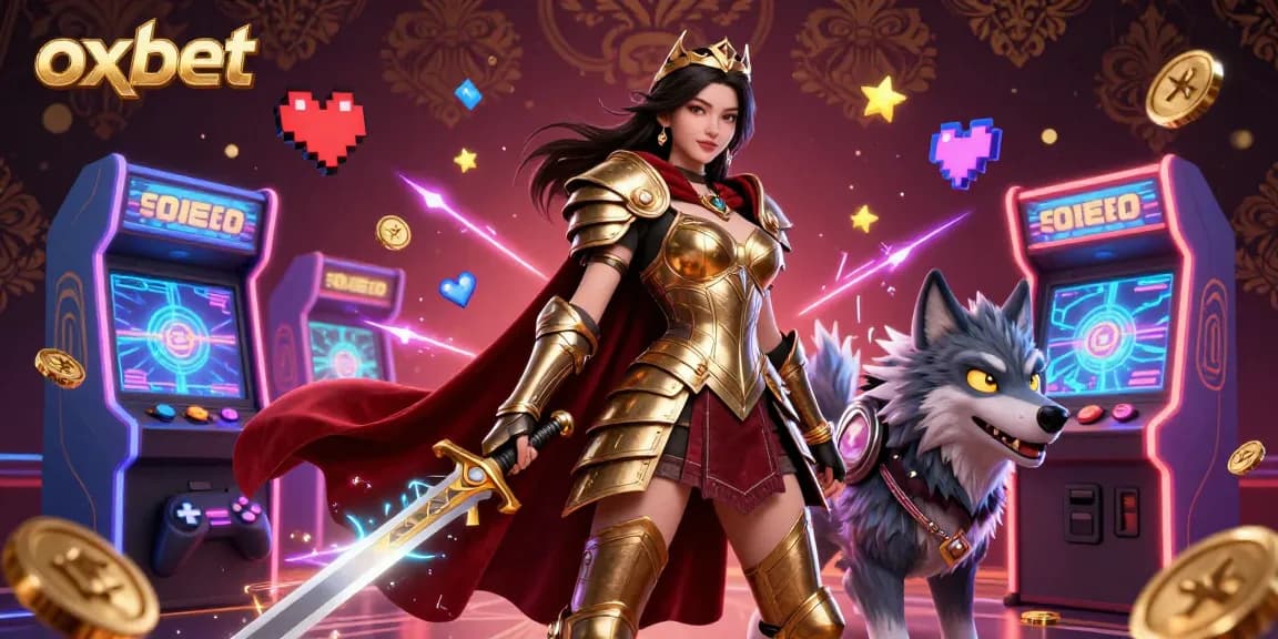 Win big at OXBET with an immersive gaming experience featuring colorful arcade elements and a warrior queen.