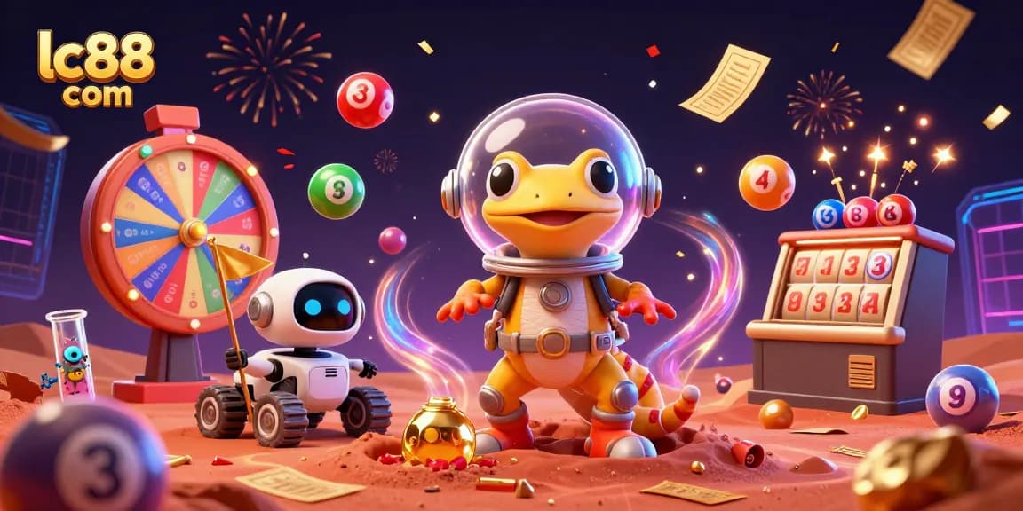 Engage with thrilling games at lc88 com featuring a Martian gecko exploring a golden casino.