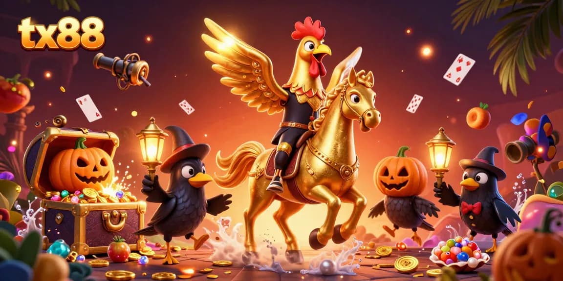 Play spirited games at tx88 with a golden rooster and casino magic in a vibrant midnight scene.