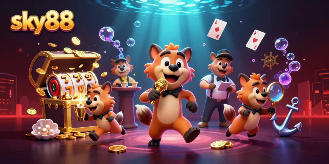 Interact with exciting sky88 slots in a vibrant underwater casino scene filled with playful hyenas.