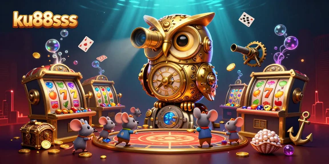 ku88sss spins slots with captivating golden owl and vibrant treasure elements