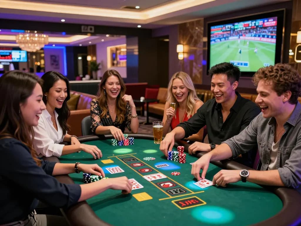 Exciting gaming atmosphere at jun88pl.com with diverse friends enjoying blackjack and colorful lights