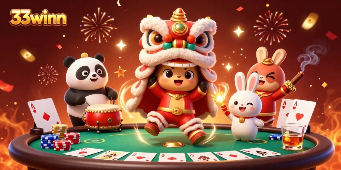 Engage with 33winn casino fun featuring a festive lion dance and poker elements.