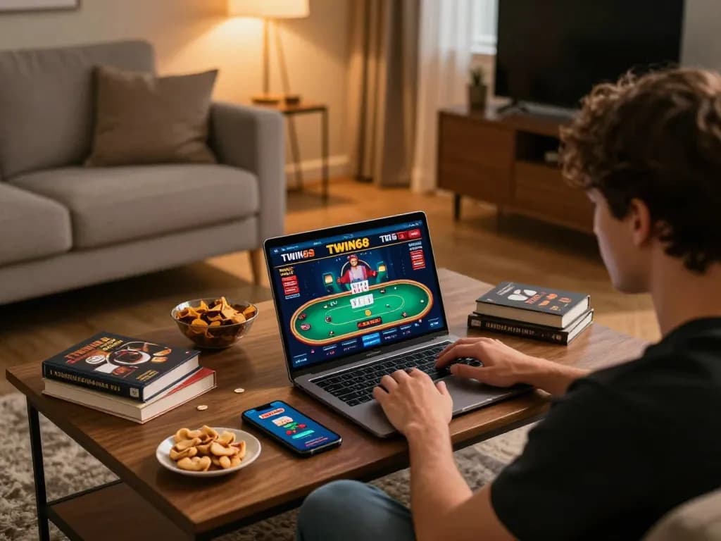 TWIN68 player engaging with online poker at home, cozy gaming atmosphere with snacks.