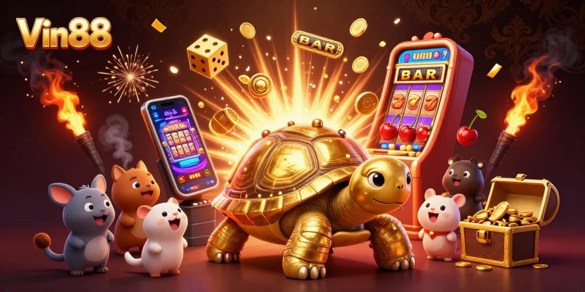 Experience thrilling gameplay at Vin88 with a golden tortoise, exciting slots, and vibrant casino elements.