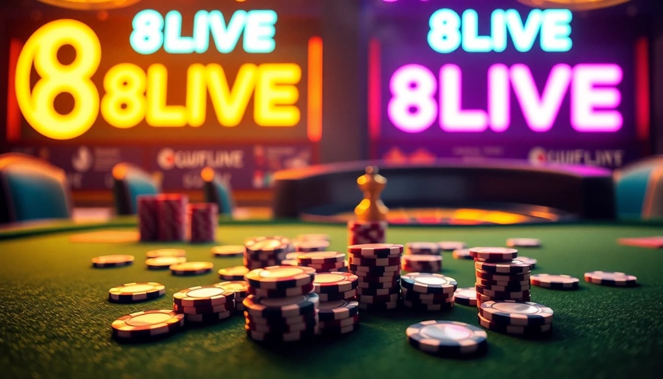 Engaging scene showcasing 8LIVE casino with poker chips, cards, and a roulette wheel.