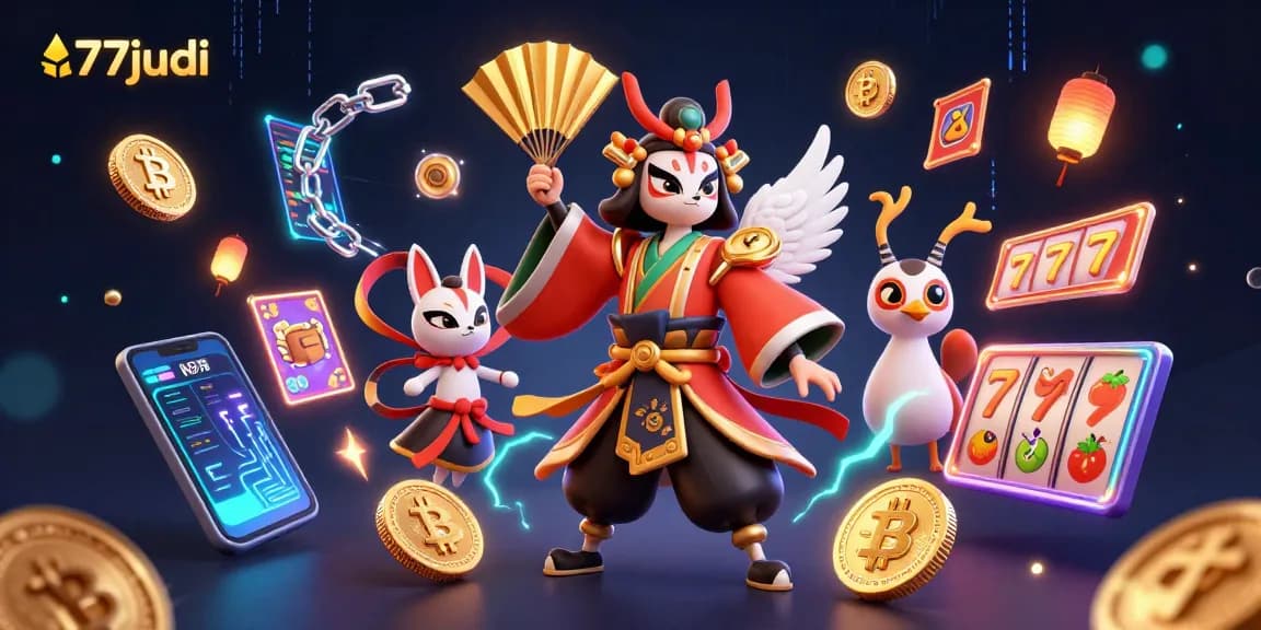 Experience the excitement of 77judi with vibrant slot elements and crypto coins in an engaging 3D casino scene.