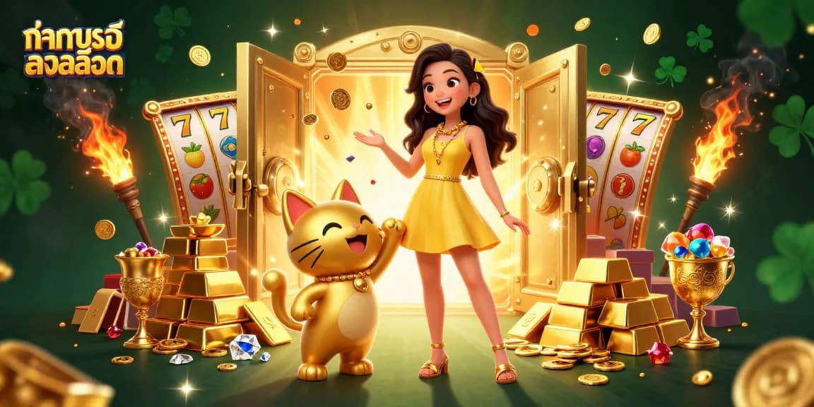 Engage with ทดลองเล่นสล็อต online, featuring a joyful Asian woman and a lucky cat amidst jackpots and treasures.