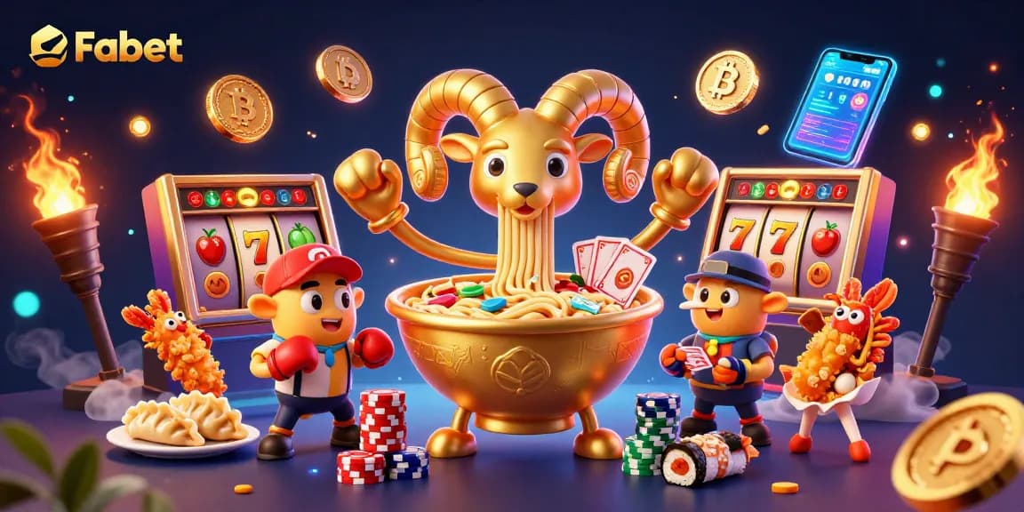 Fabet showcases a vibrant online casino scene with playful characters dealing cards and stacking chips.