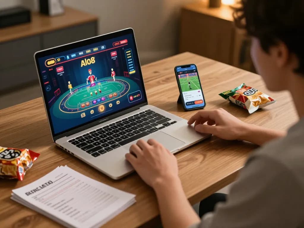Player enjoying live dealer games on alo8 with a laptop and smartphone, embodying online gaming strategy.