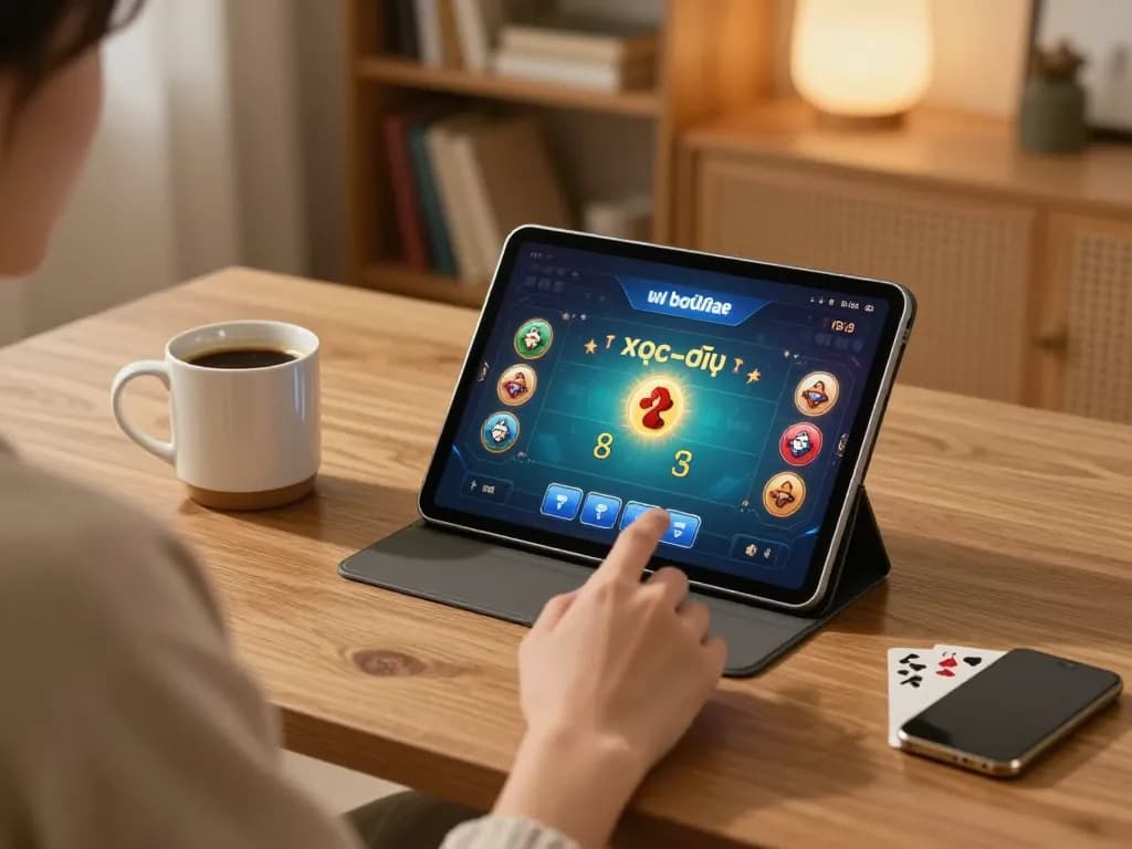 Xóc đĩa gameplay on a tablet in a cozy home setting with warm ambiance
