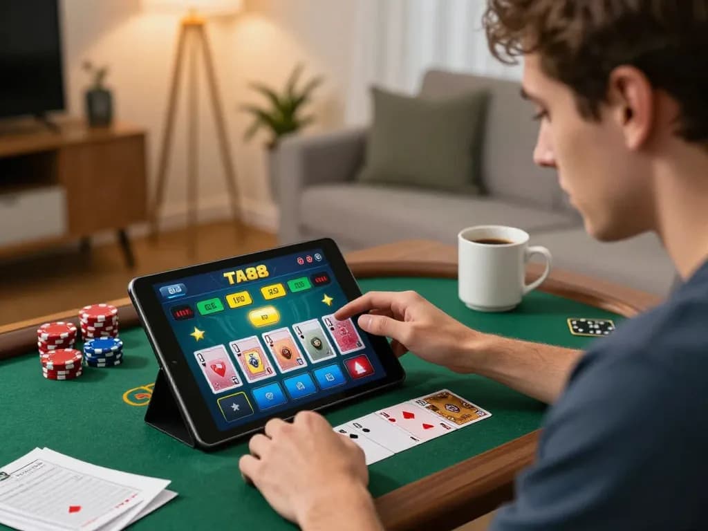 Player enjoying TA88 online blackjack on tablet in cozy home setting with strategic notes nearby.