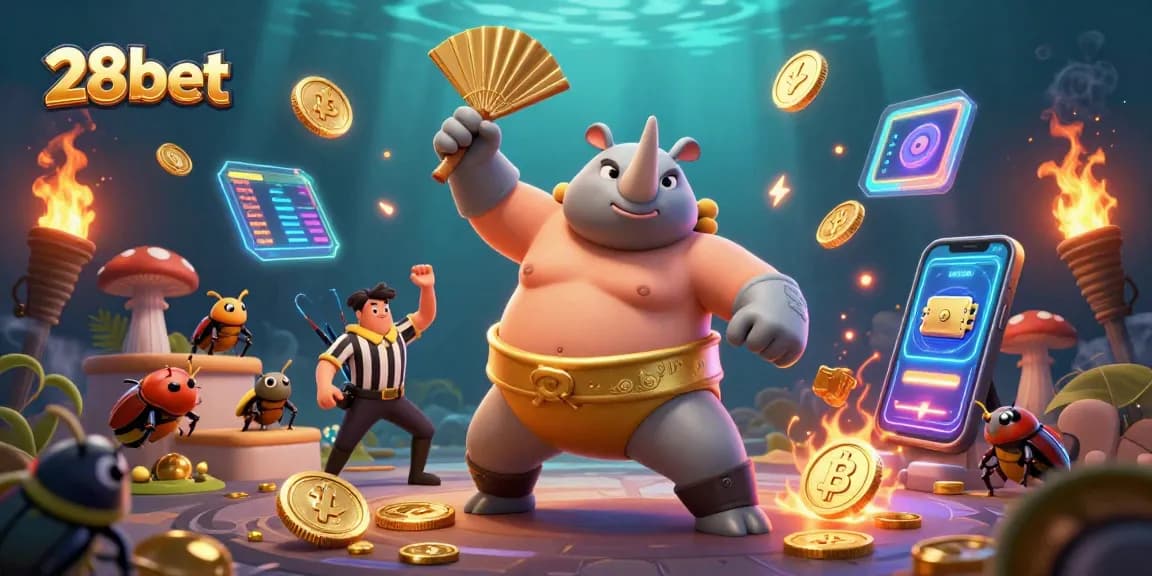 Experience the exciting world of 28bet with vibrant casino art featuring dynamic characters and golden coins.
