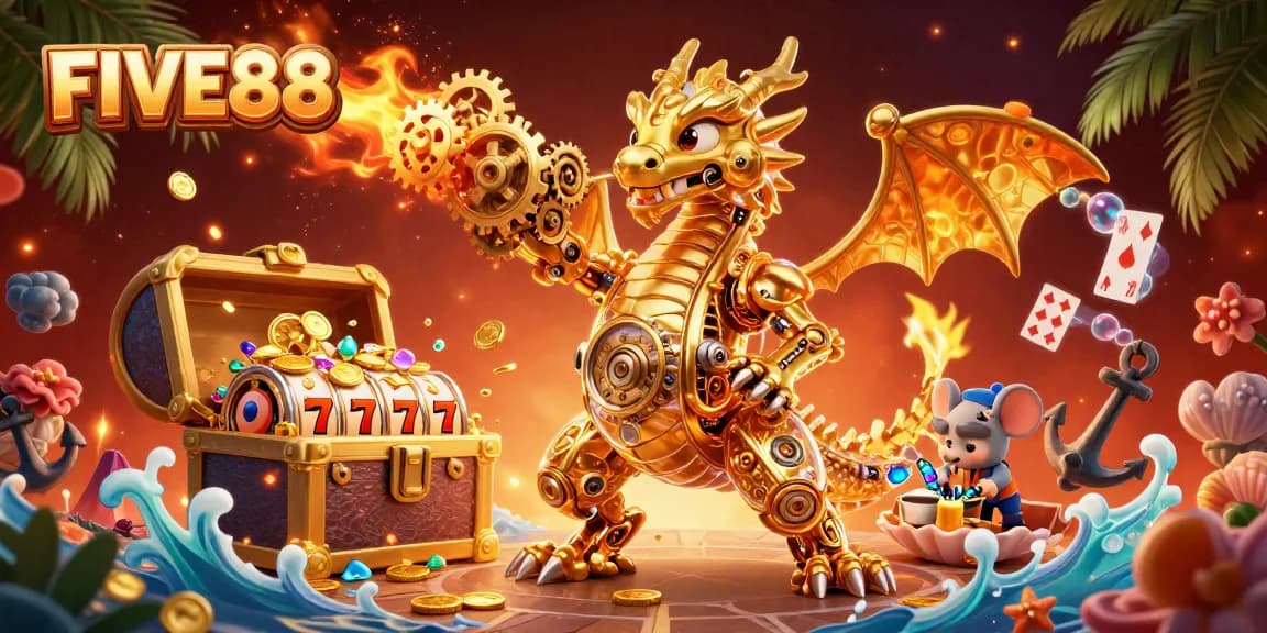 Engage with the immersive FIVE88 online casino experience featuring golden dragon elements and vibrant gaming visuals.