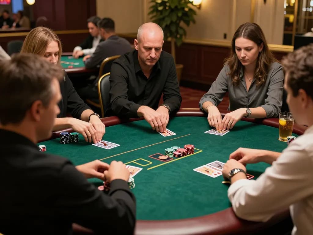 Experience a thrilling poker game at 98win9, showcasing players' strategies at a luxurious casino table.