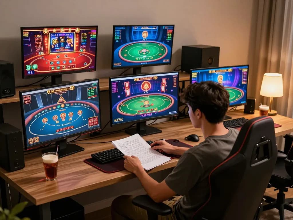 Engaging in strategic online gaming sessions on multiple screens, highlighting 33WIN strategies for better odds.