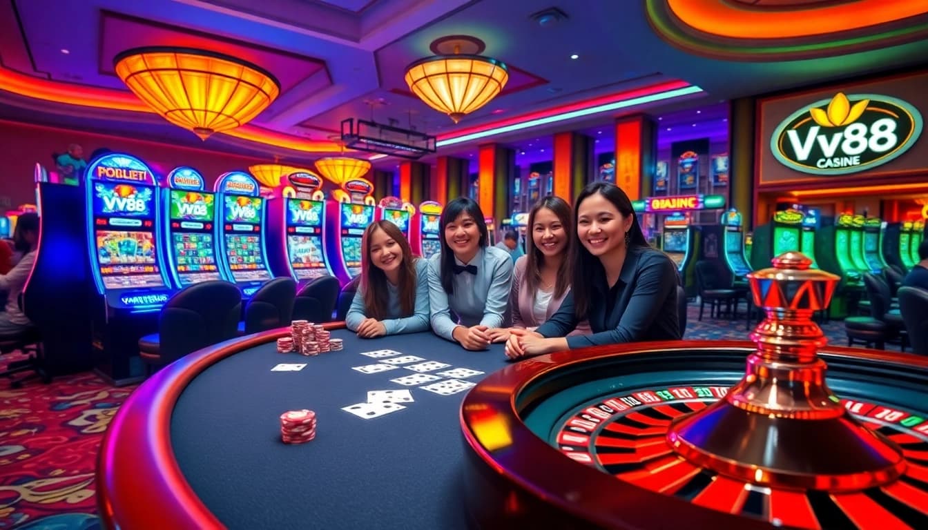 VK88 players enjoy poker at an upscale casino table with vibrant chips and cards.