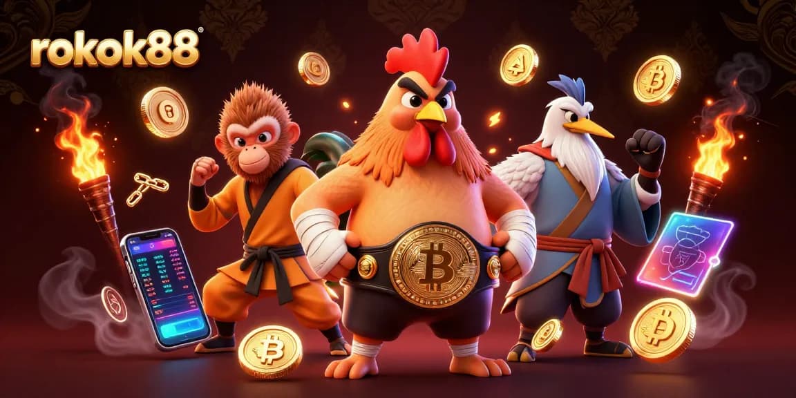Experience the thrill of rokok88 with a vibrant 3D casino scene featuring dynamic characters and exciting crypto elements.