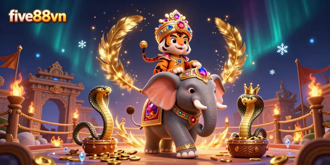 Experience the thrilling excitement of five88vn's vibrant casino world with majestic characters and dynamic elements.